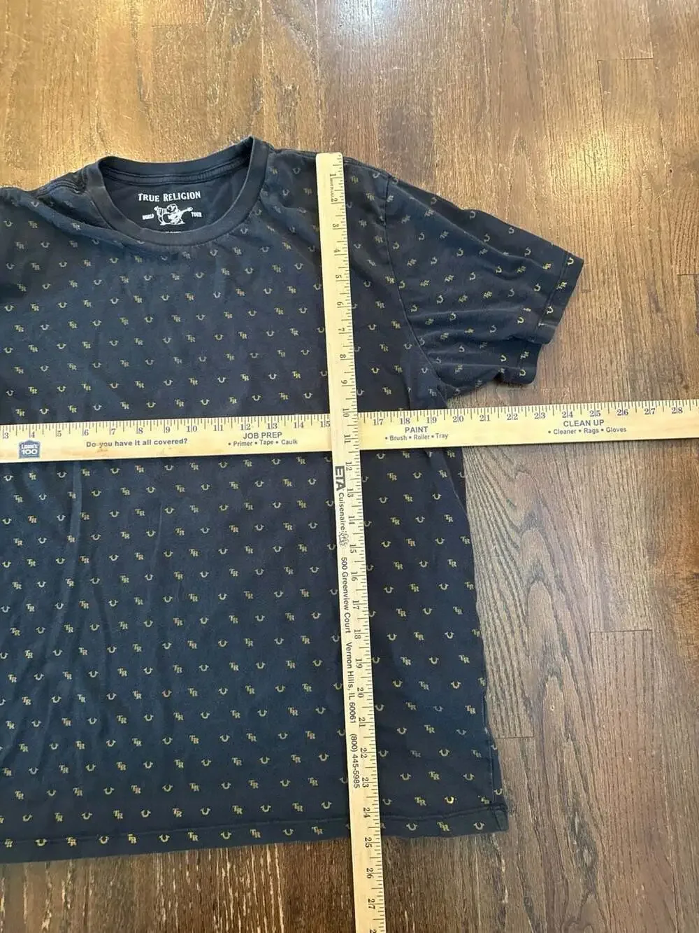 True Religion Monogram SS Crew Neck Tee Black Gold All Over Print Size L